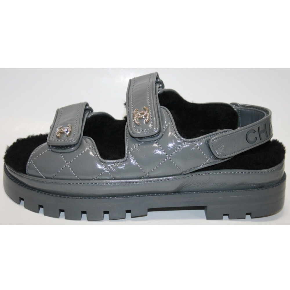 37 Chanel Quilted Leather Grey Swarovski Crystal CC Fur Dad Sandals